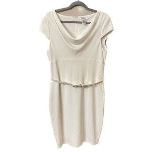 Cache Off White Cream Dress Fitted Waist Belt Cap Sleeves Formal Women's Size 14